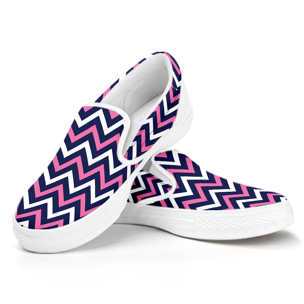 Navy Pink And White Chevron Print White Slip On Shoes