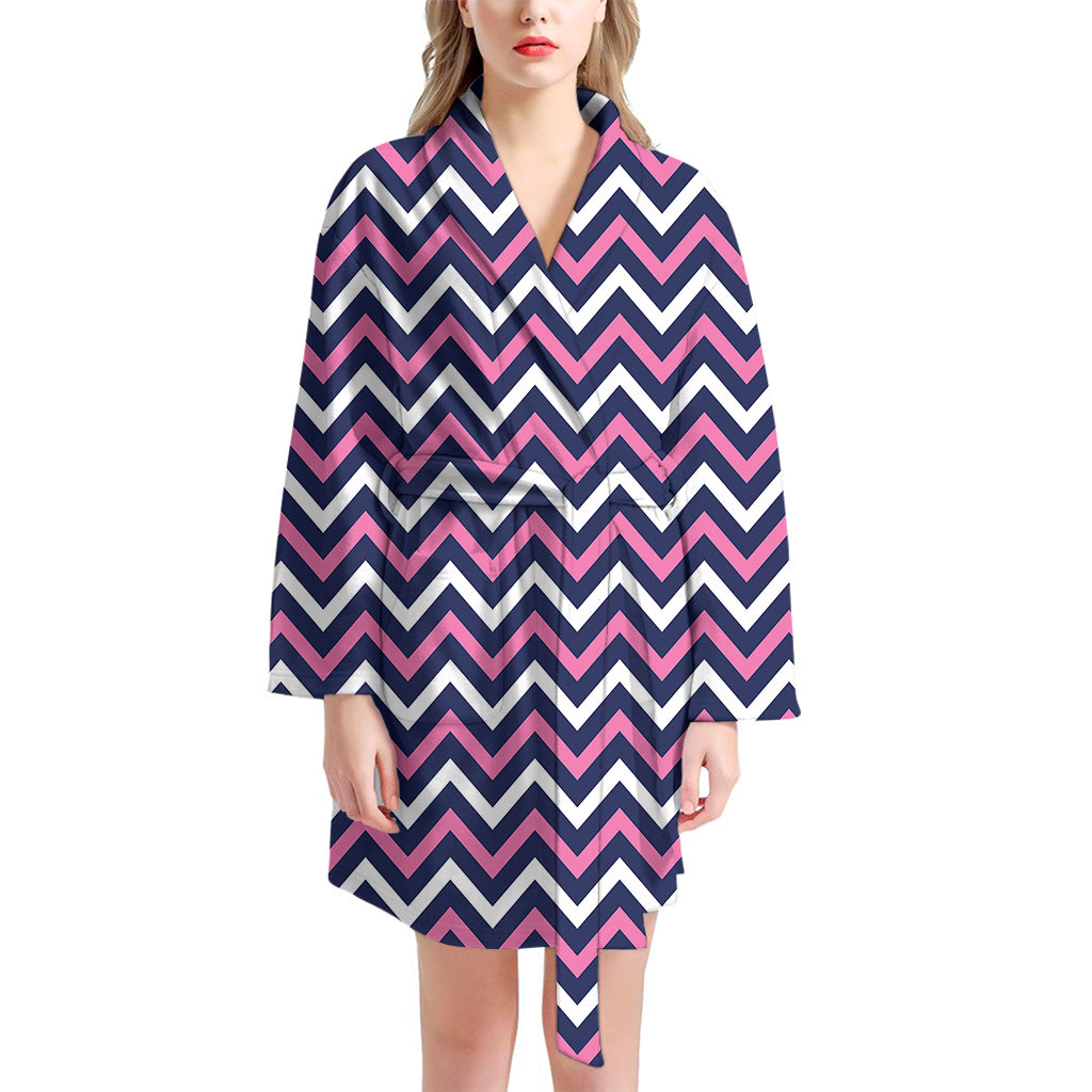 Navy Pink And White Chevron Print Women's Bathrobe