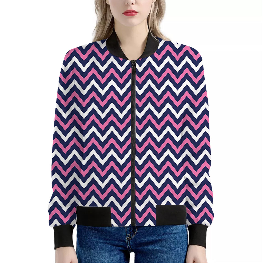 Navy Pink And White Chevron Print Women's Bomber Jacket