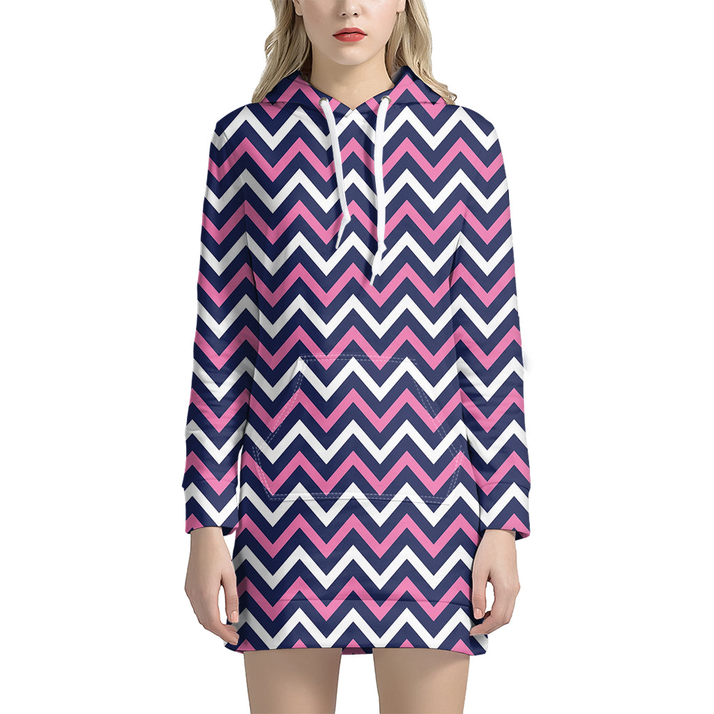 Navy Pink And White Chevron Print Women's Pullover Hoodie Dress