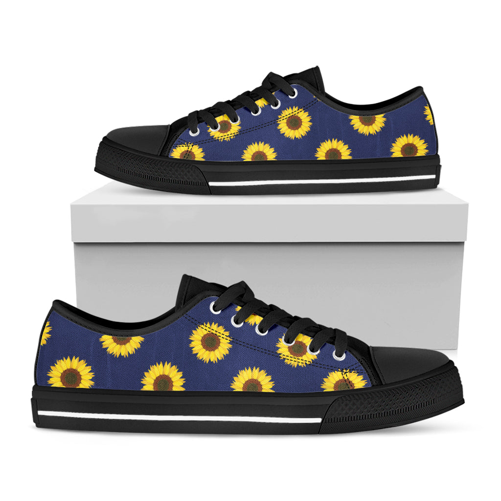 Navy Sunflower Pattern Print Black Low Top Shoes