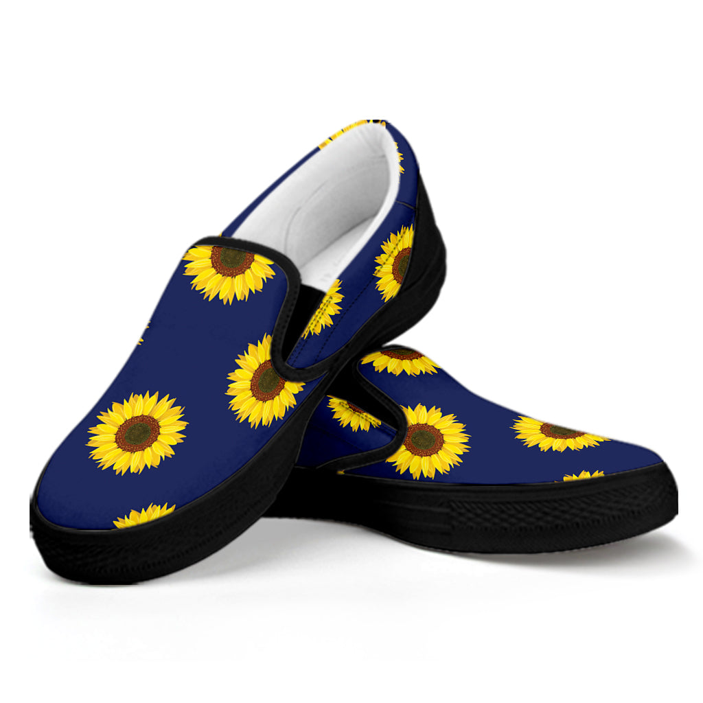 Navy Sunflower Pattern Print Black Slip On Shoes