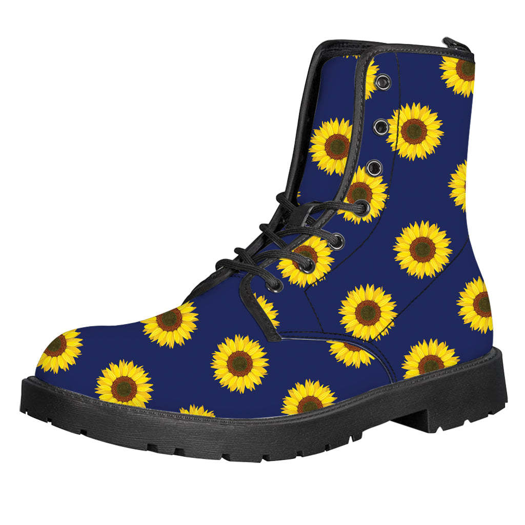 Navy Sunflower Pattern Print Leather Boots