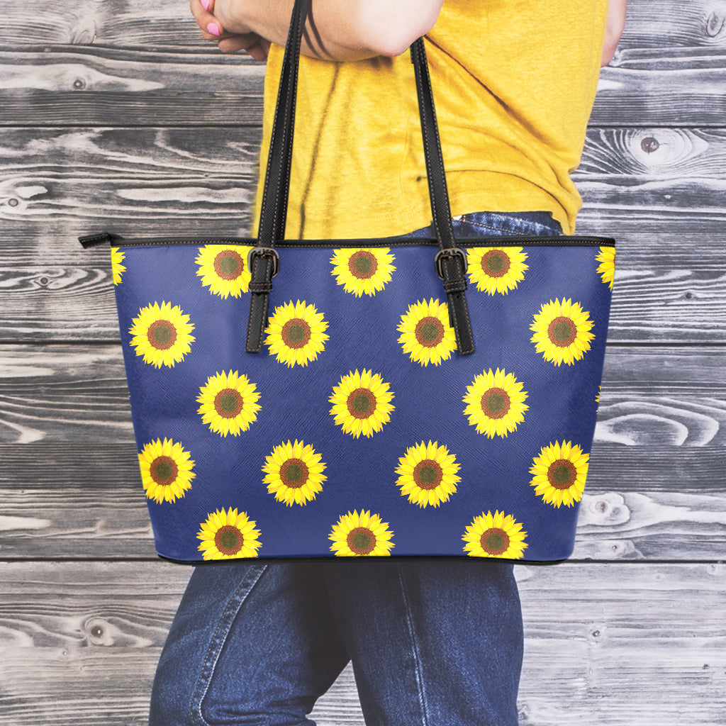 Navy Sunflower Pattern Print Leather Tote Bag