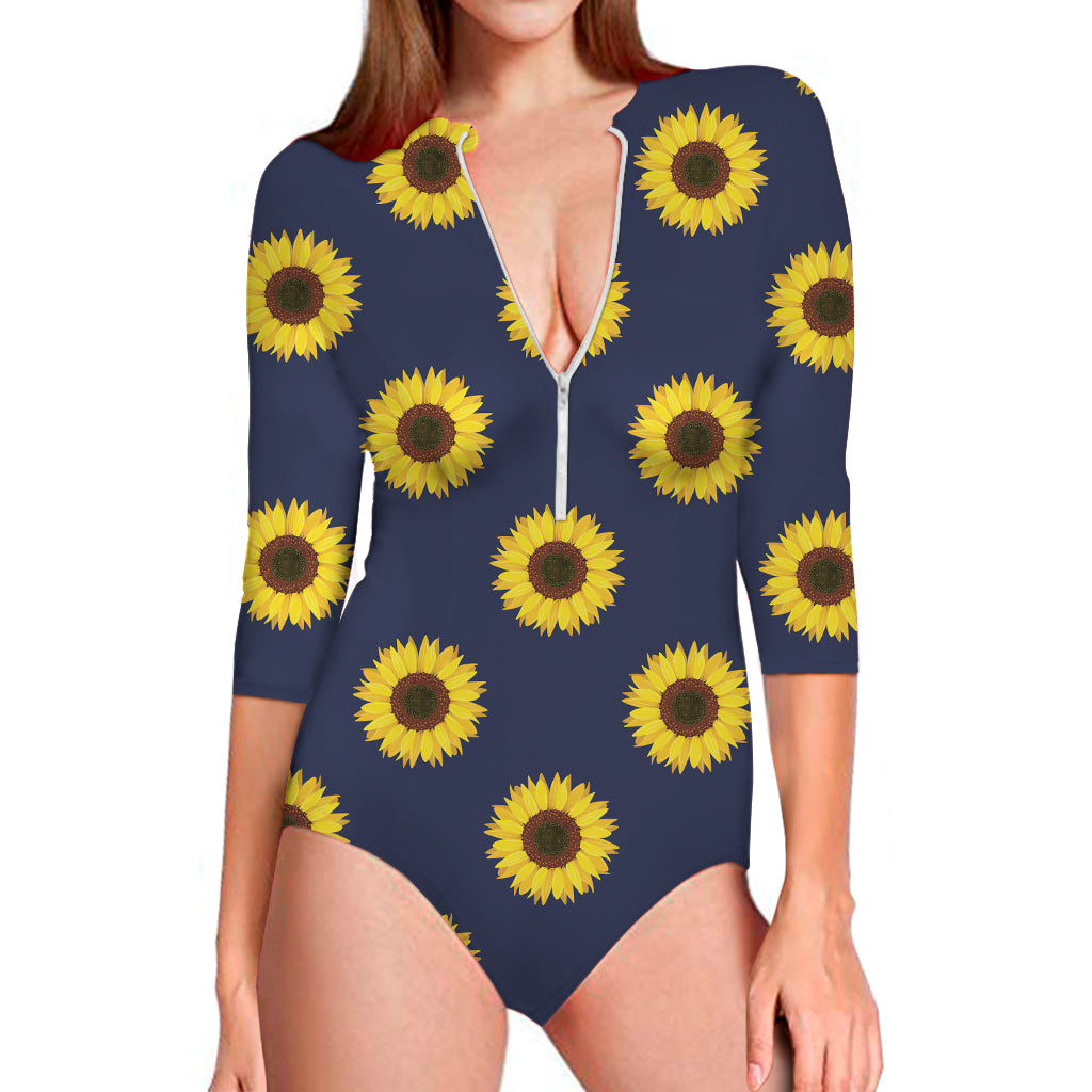 Navy Sunflower Pattern Print Long Sleeve One Piece Swimsuit