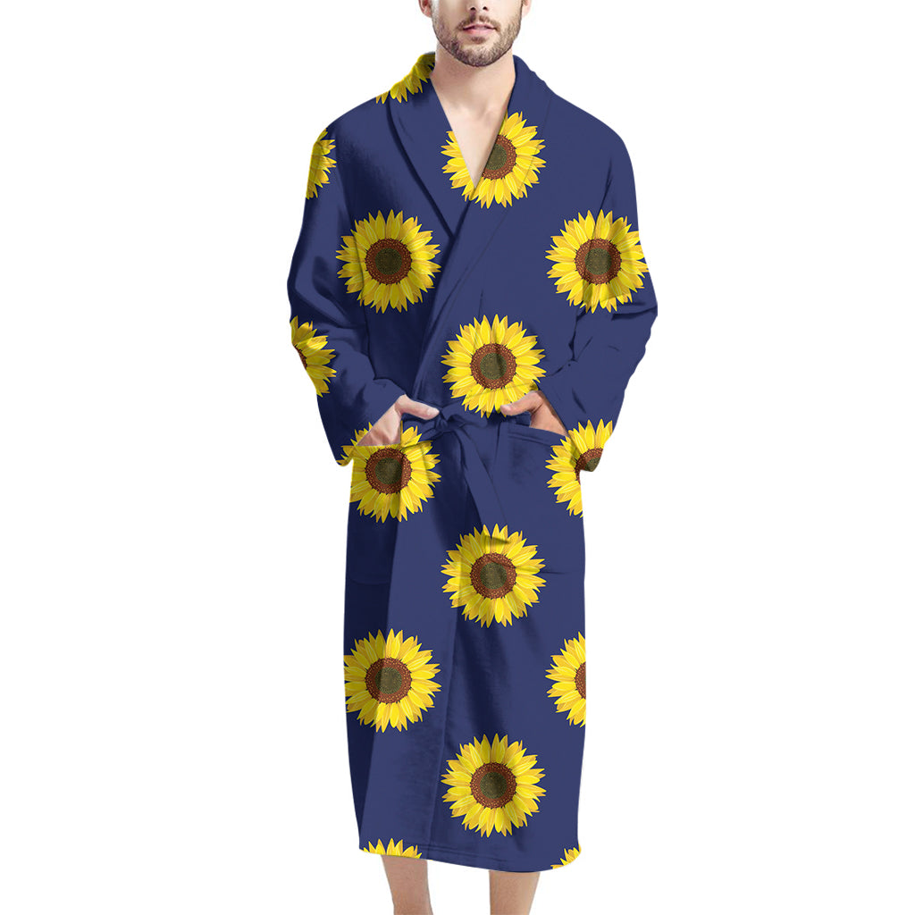 Navy Sunflower Pattern Print Men's Bathrobe