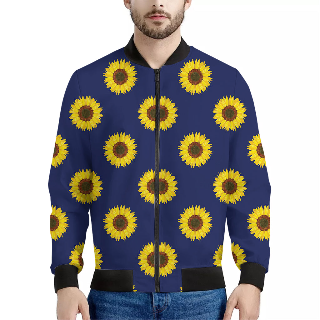 Navy Sunflower Pattern Print Men's Bomber Jacket