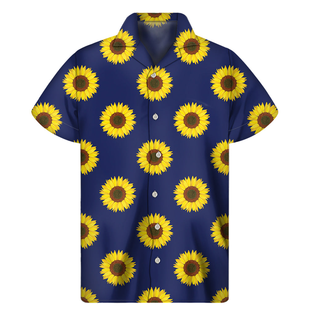 Navy Sunflower Pattern Print Men's Short Sleeve Shirt