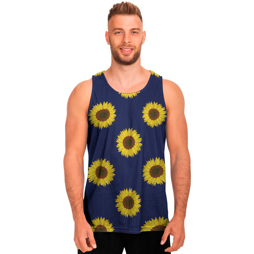 Navy Sunflower Pattern Print Men's Tank Top