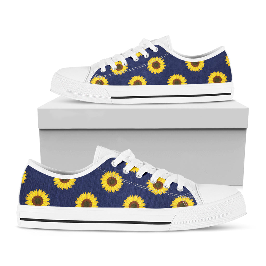 Navy Sunflower Pattern Print White Low Top Shoes