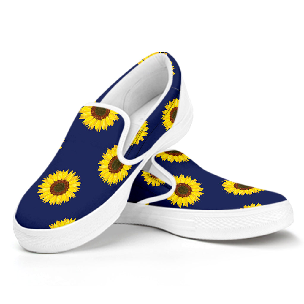 Navy Sunflower Pattern Print White Slip On Shoes