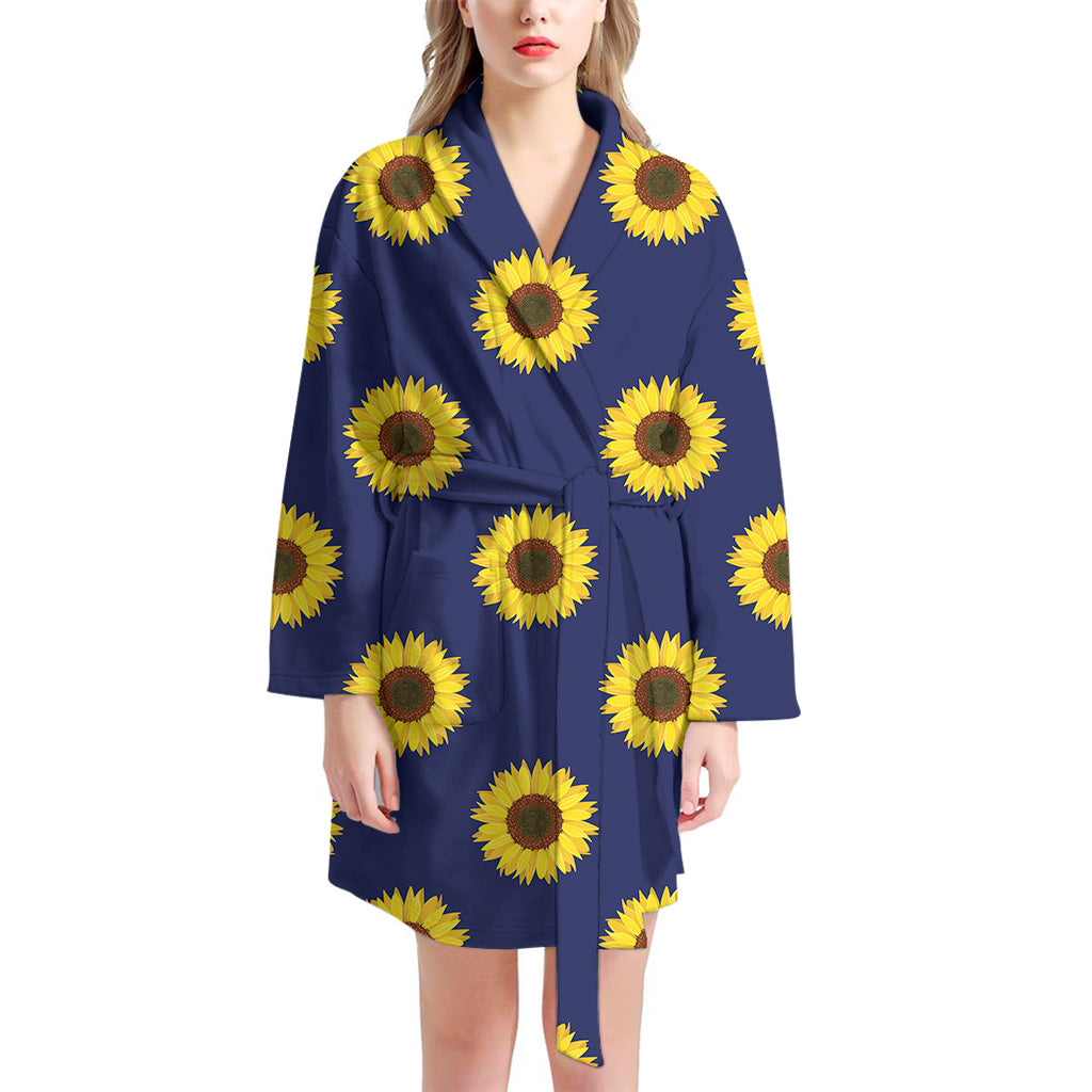 Navy Sunflower Pattern Print Women's Bathrobe