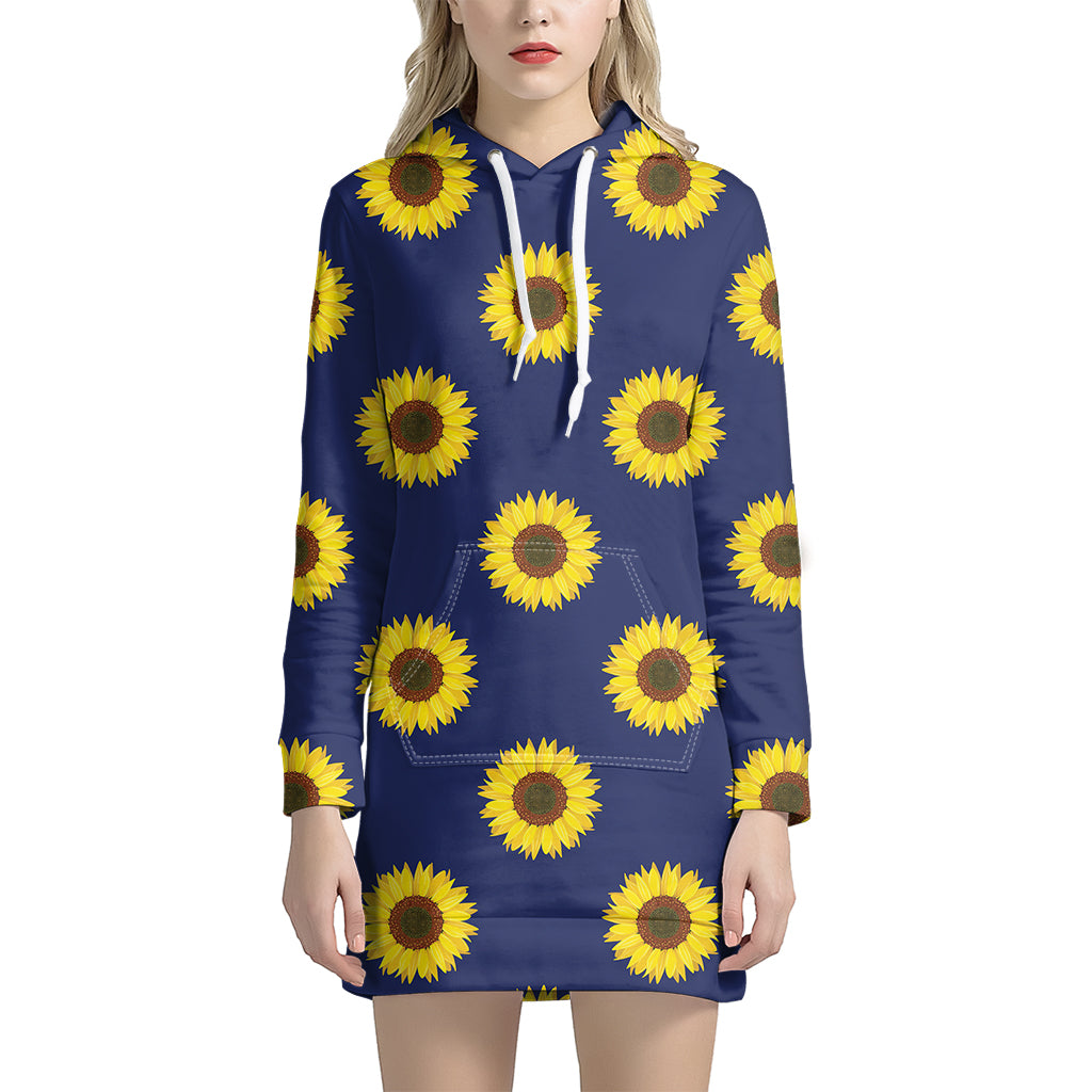 Navy Sunflower Pattern Print Women's Pullover Hoodie Dress