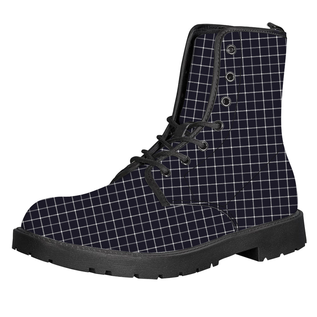 Navy Tattersall Pattern Print Leather Boots