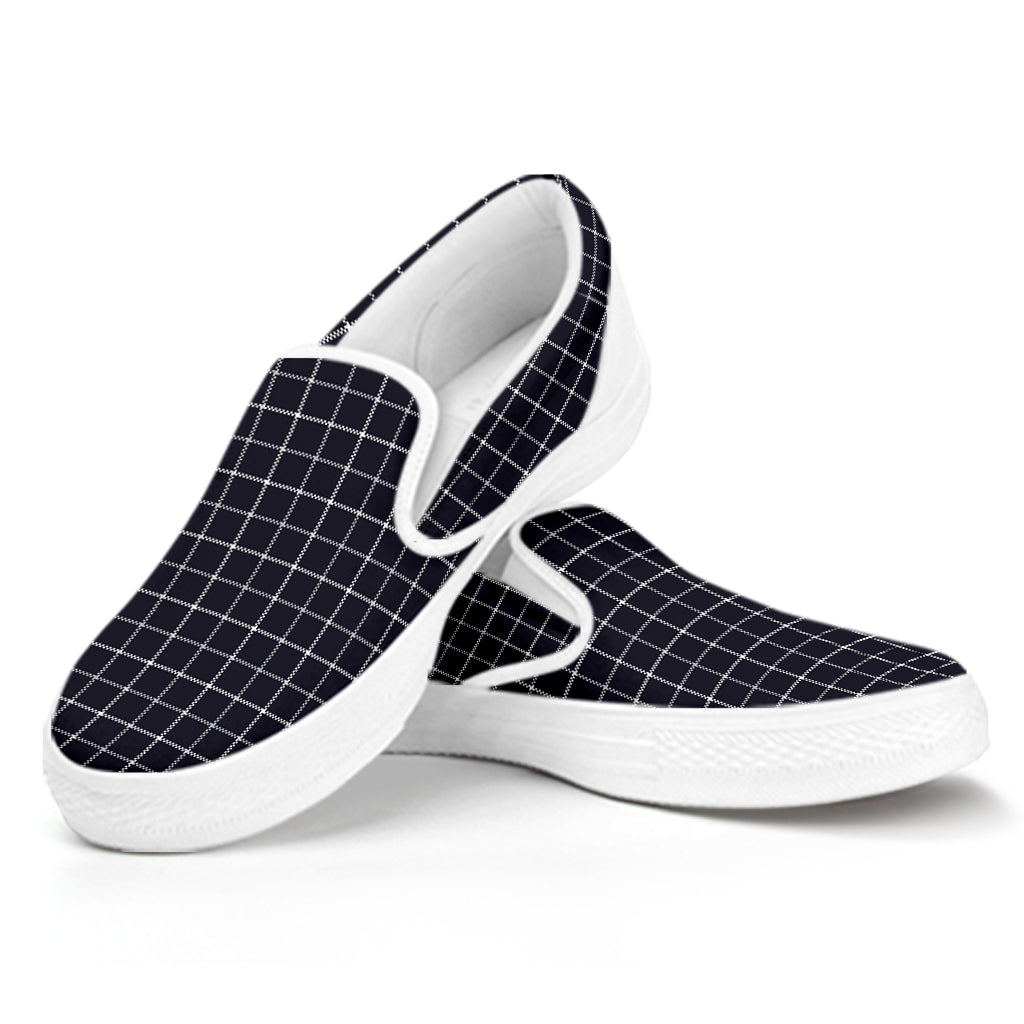 Navy Tattersall Pattern Print White Slip On Shoes