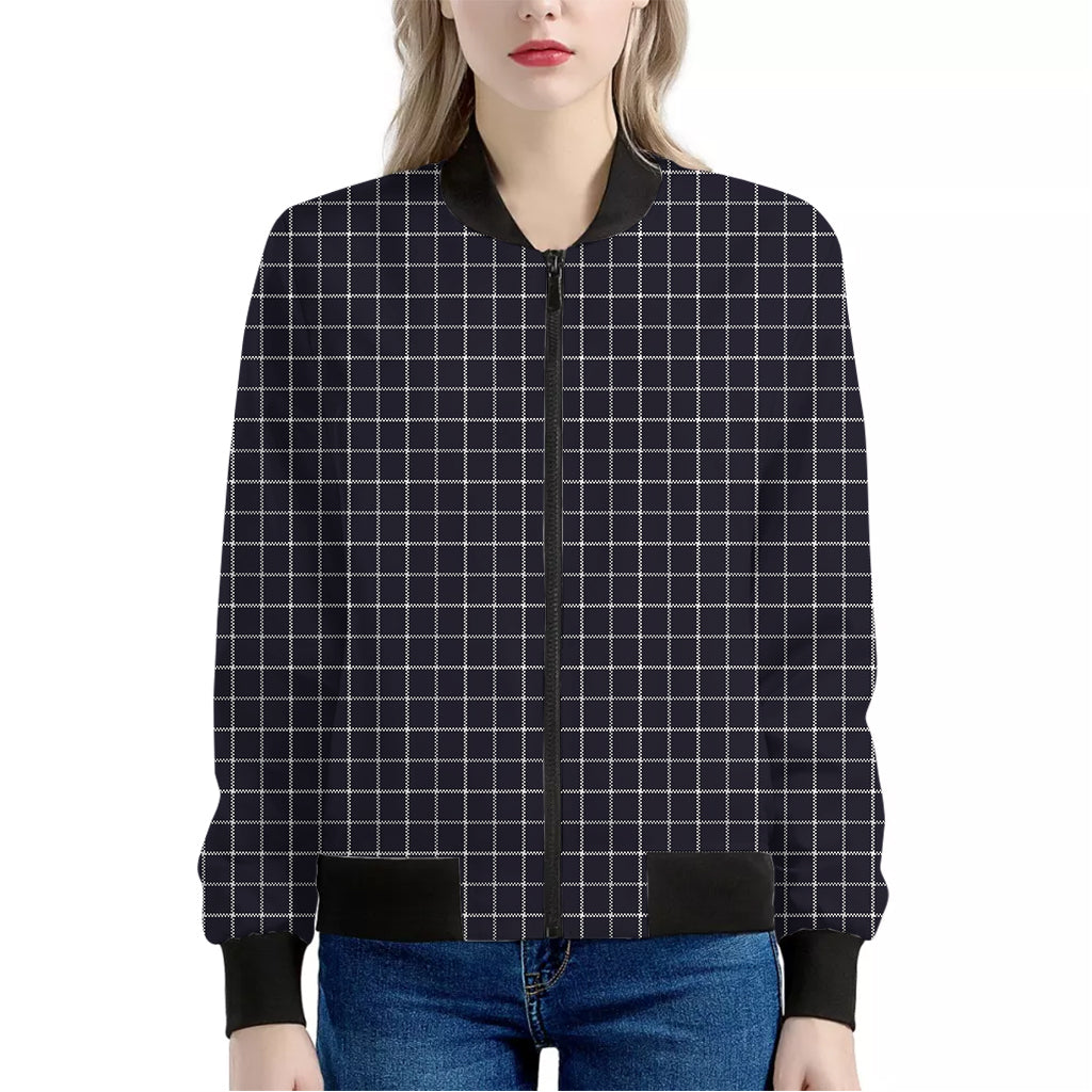 Navy Tattersall Pattern Print Women's Bomber Jacket