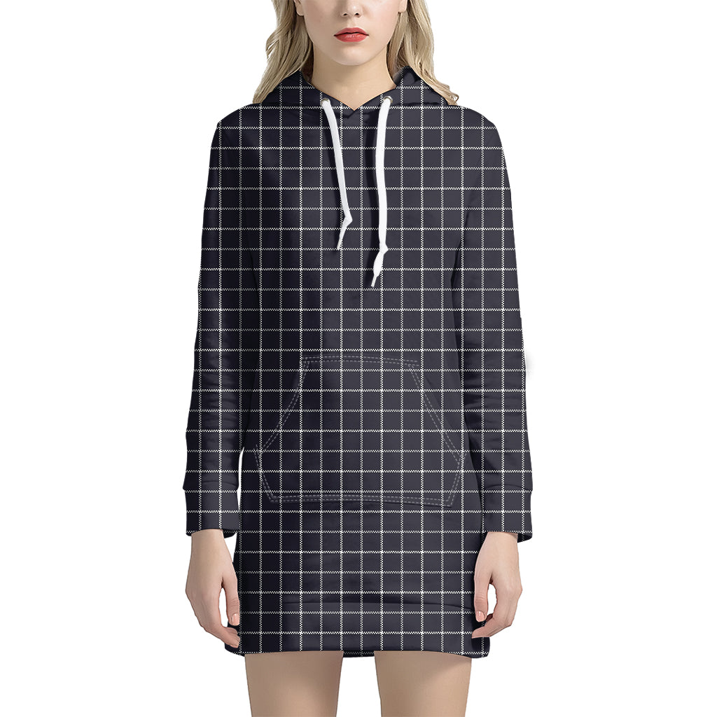 Navy Tattersall Pattern Print Women's Pullover Hoodie Dress