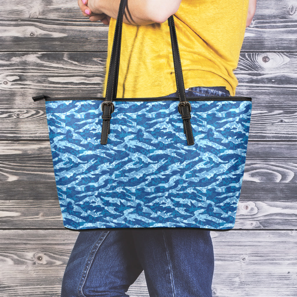 Navy Tiger Stripe Camo Pattern Print Leather Tote Bag