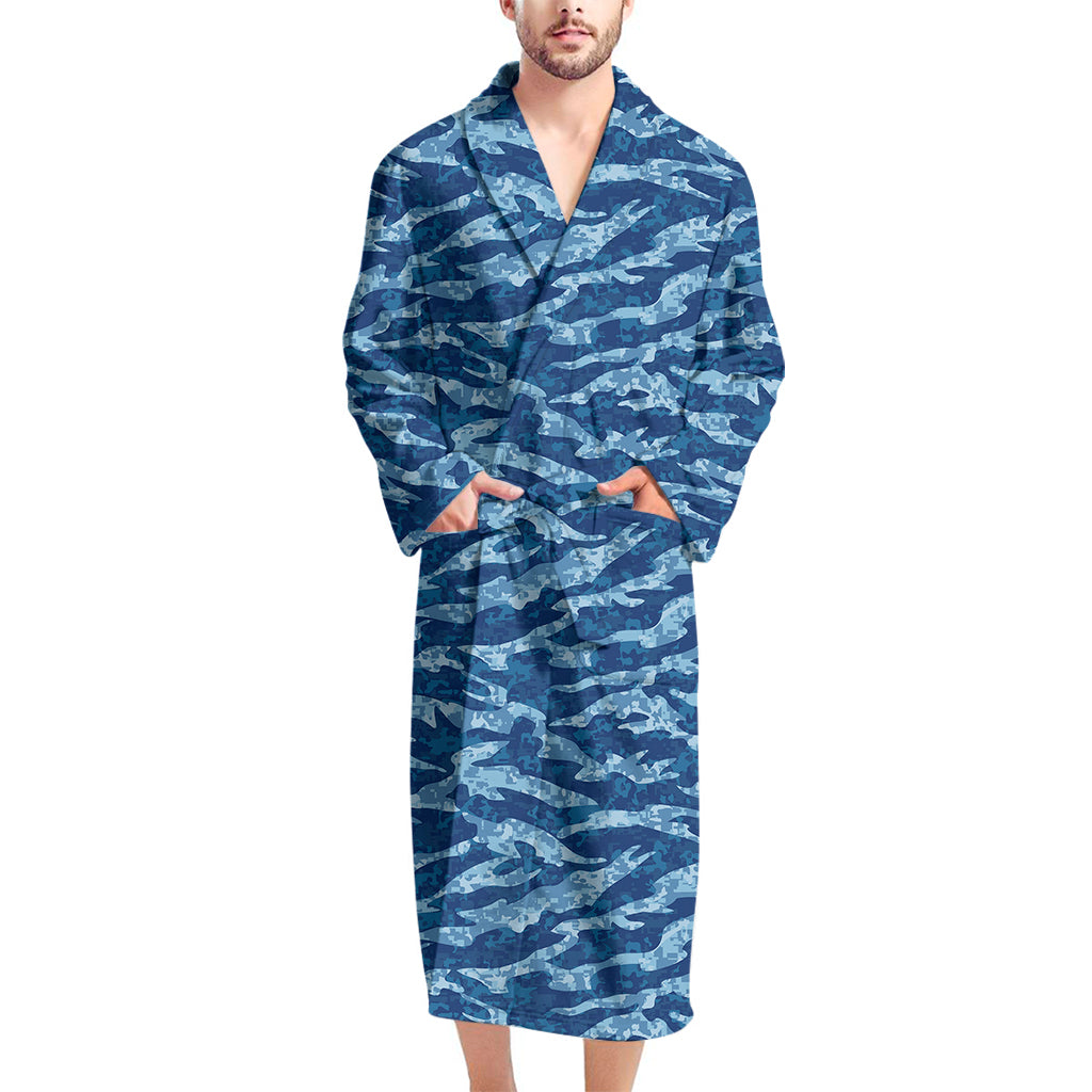 Navy Tiger Stripe Camo Pattern Print Men's Bathrobe