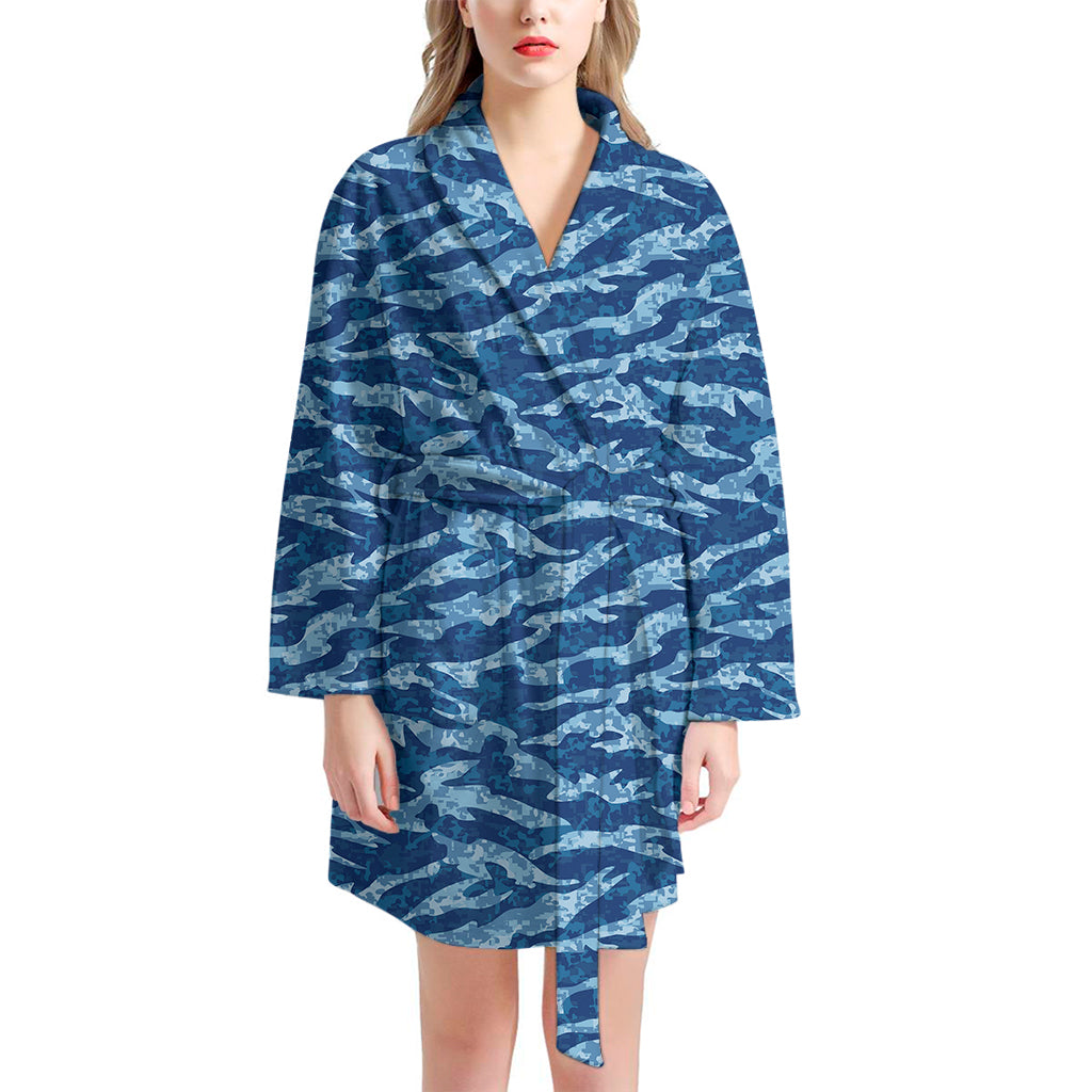 Navy Tiger Stripe Camo Pattern Print Women's Bathrobe