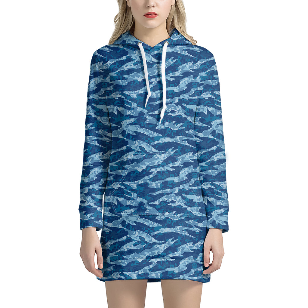 Navy Tiger Stripe Camo Pattern Print Women's Pullover Hoodie Dress