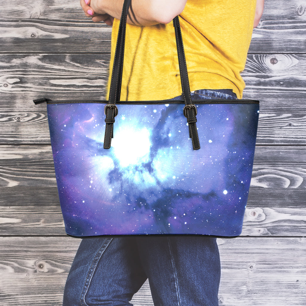 Nebula Space Print Leather Tote Bag