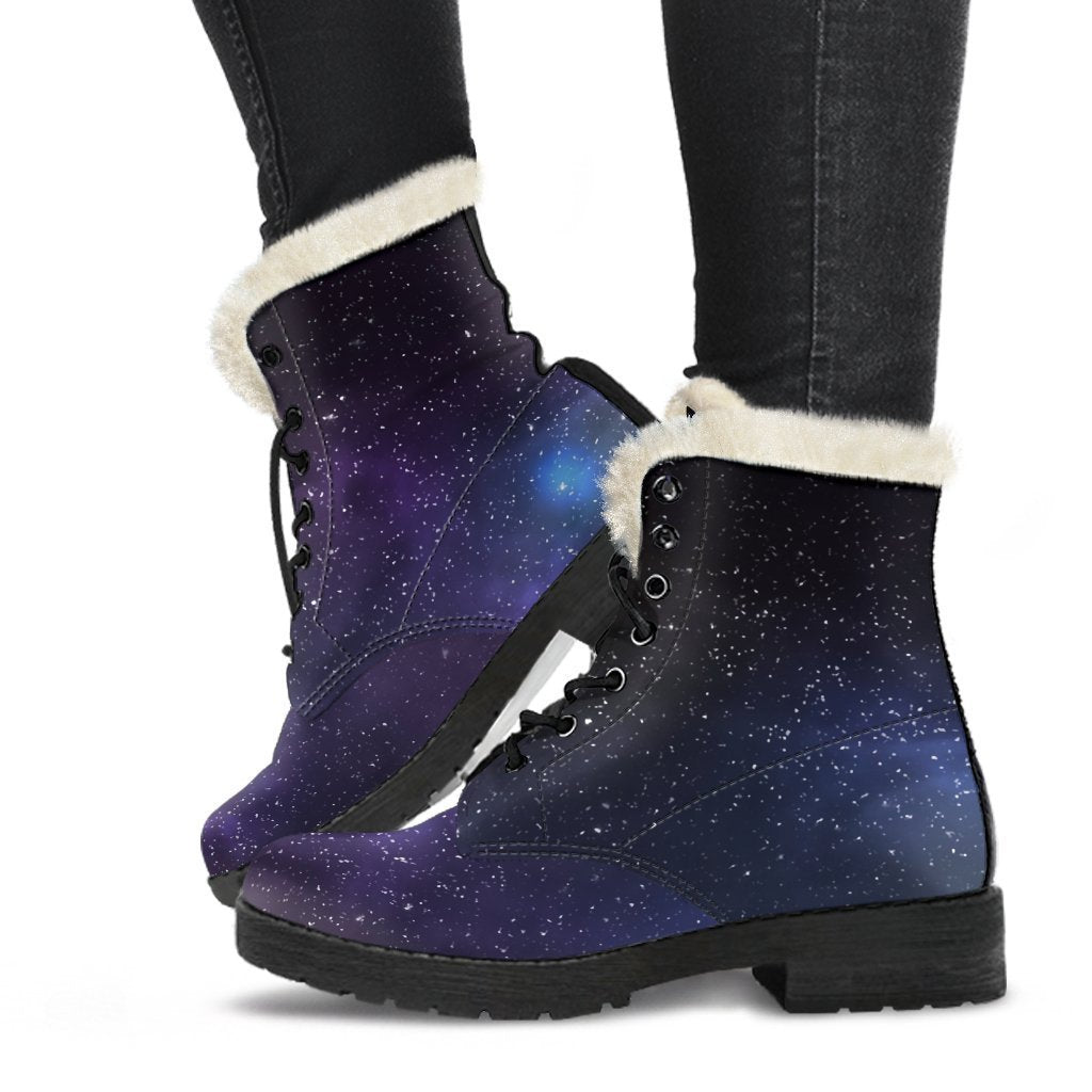 Nebula Universe Galaxy Deep Space Print Faux Fur Leather Boots