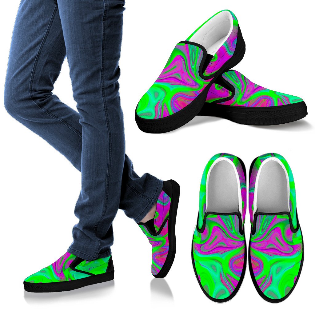 Neon Green Pink Psychedelic Trippy Print Men's Slip On Shoes