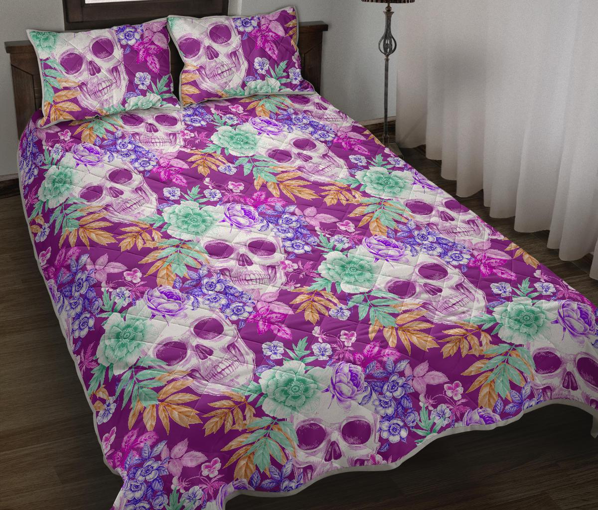 Neon Skull Floral Pattern Print Quilt Bed Set