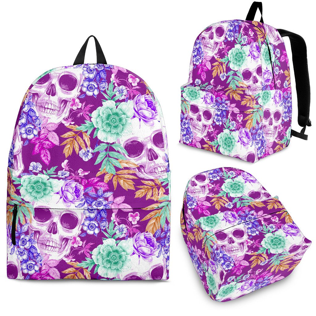 Neon Skull Floral Pattern Print School Backpack