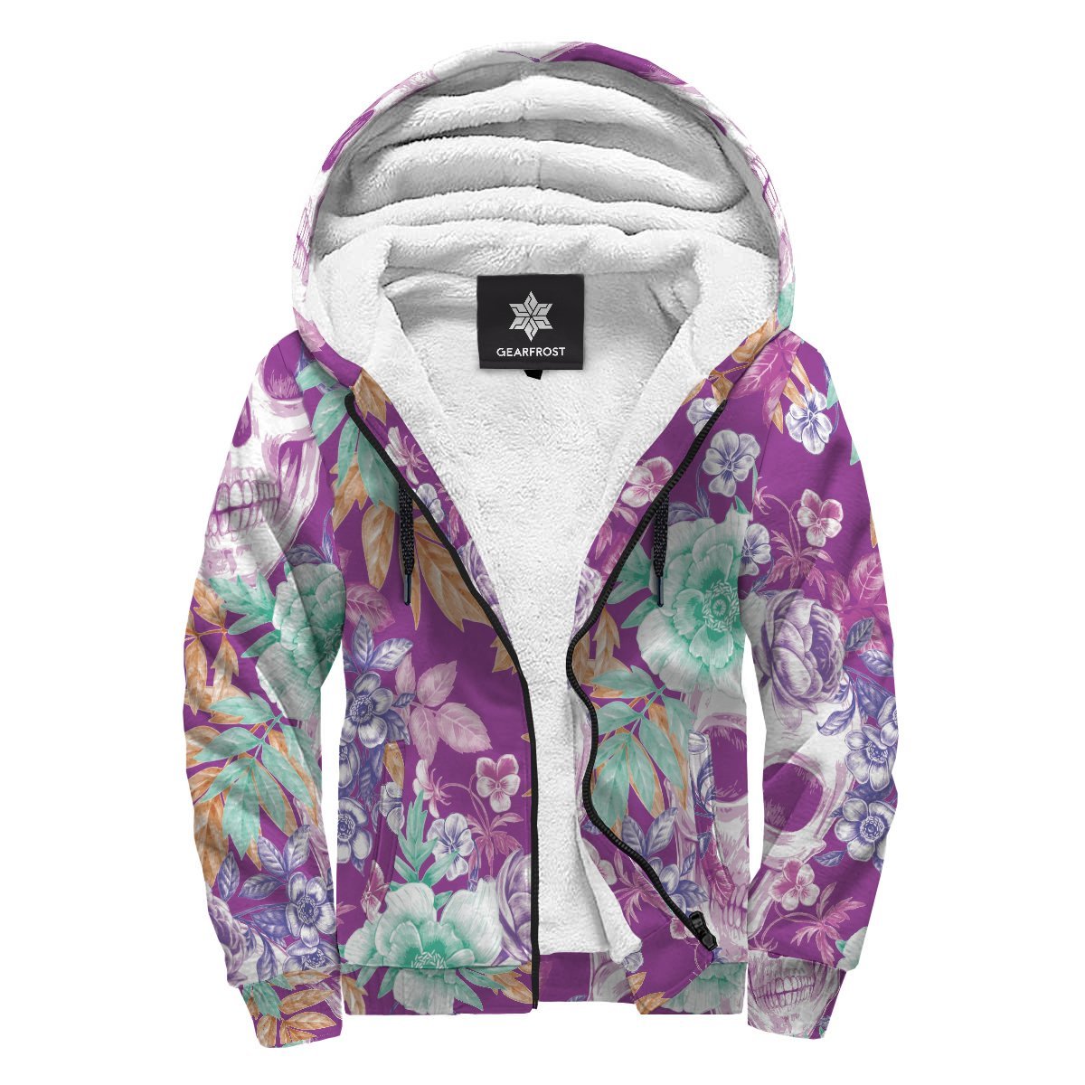 Neon Skull Floral Pattern Print Sherpa Lined Fleece Hoodie