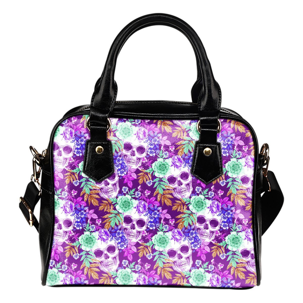 Neon Skull Floral Pattern Print Shoulder Handbag