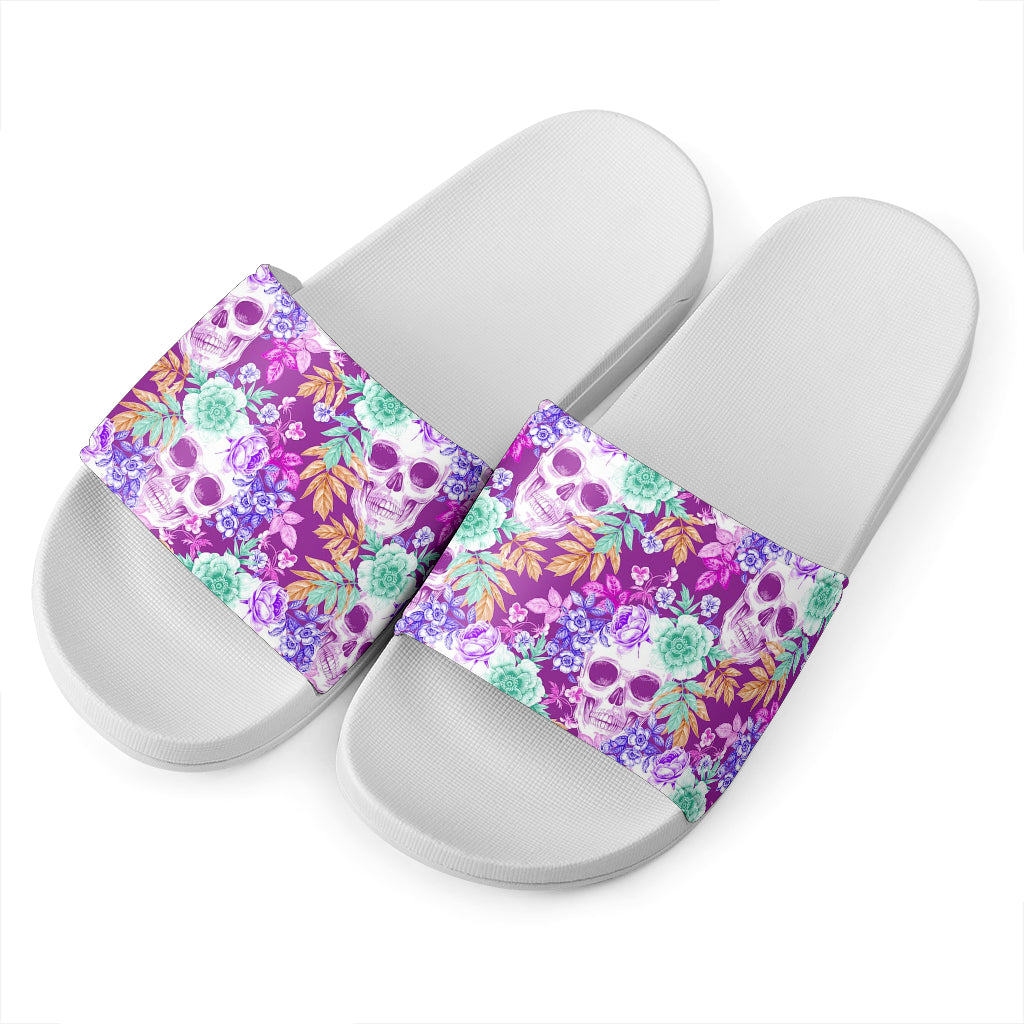 Neon Skull Floral Pattern Print White Slide Sandals