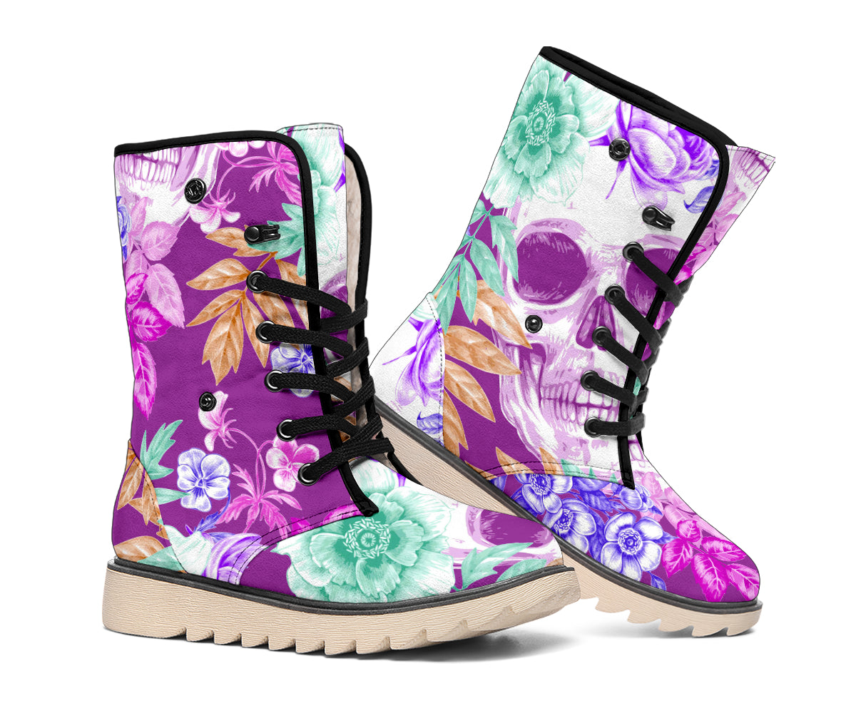 Neon Skull Floral Pattern Print Winter Boots