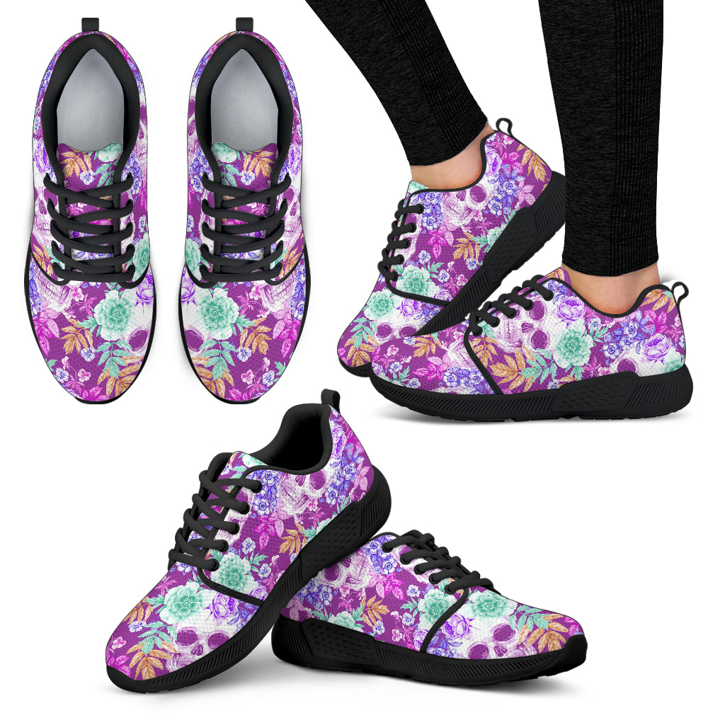 Neon Skull Floral Pattern Print Women's Athletic Shoes