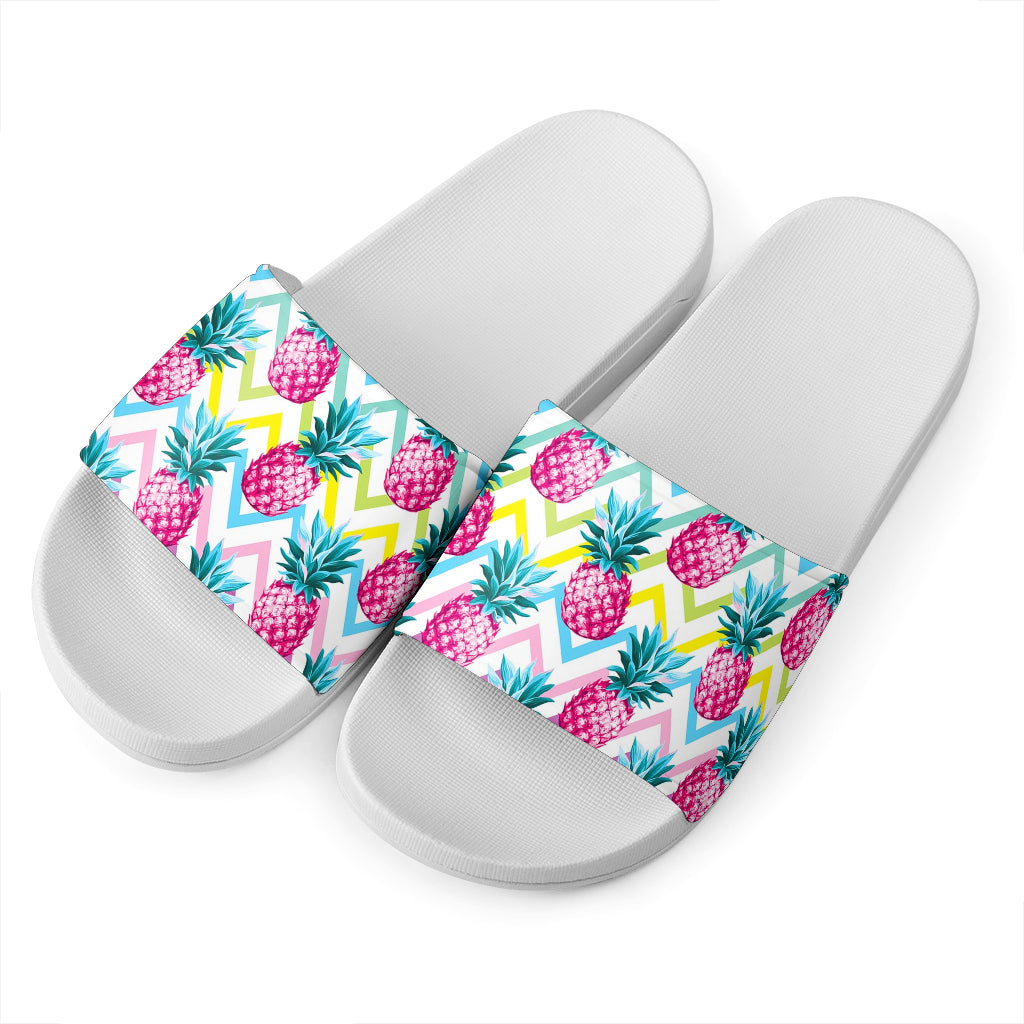 Neon Zig Zag Pineapple Pattern Print White Slide Sandals