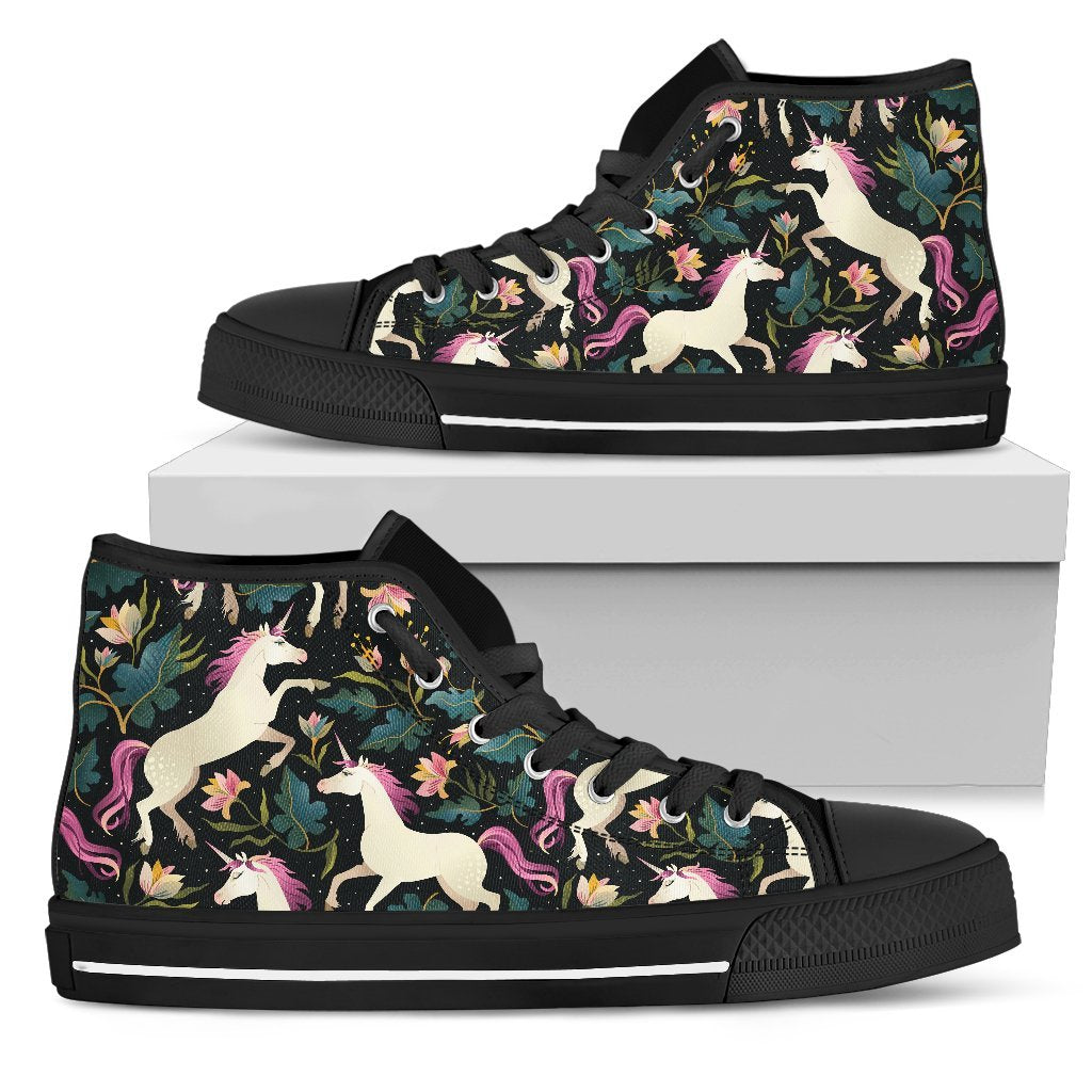 Night Floral Unicorn Pattern Print Men's High Top Shoes