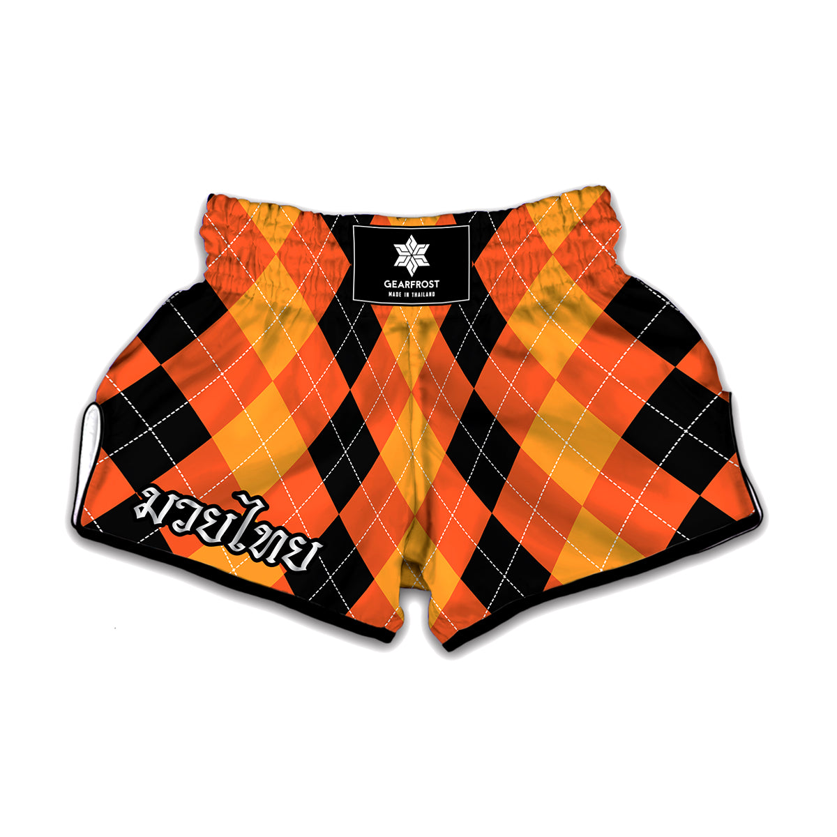 Orange And Black Argyle Pattern Print Muay Thai Boxing Shorts