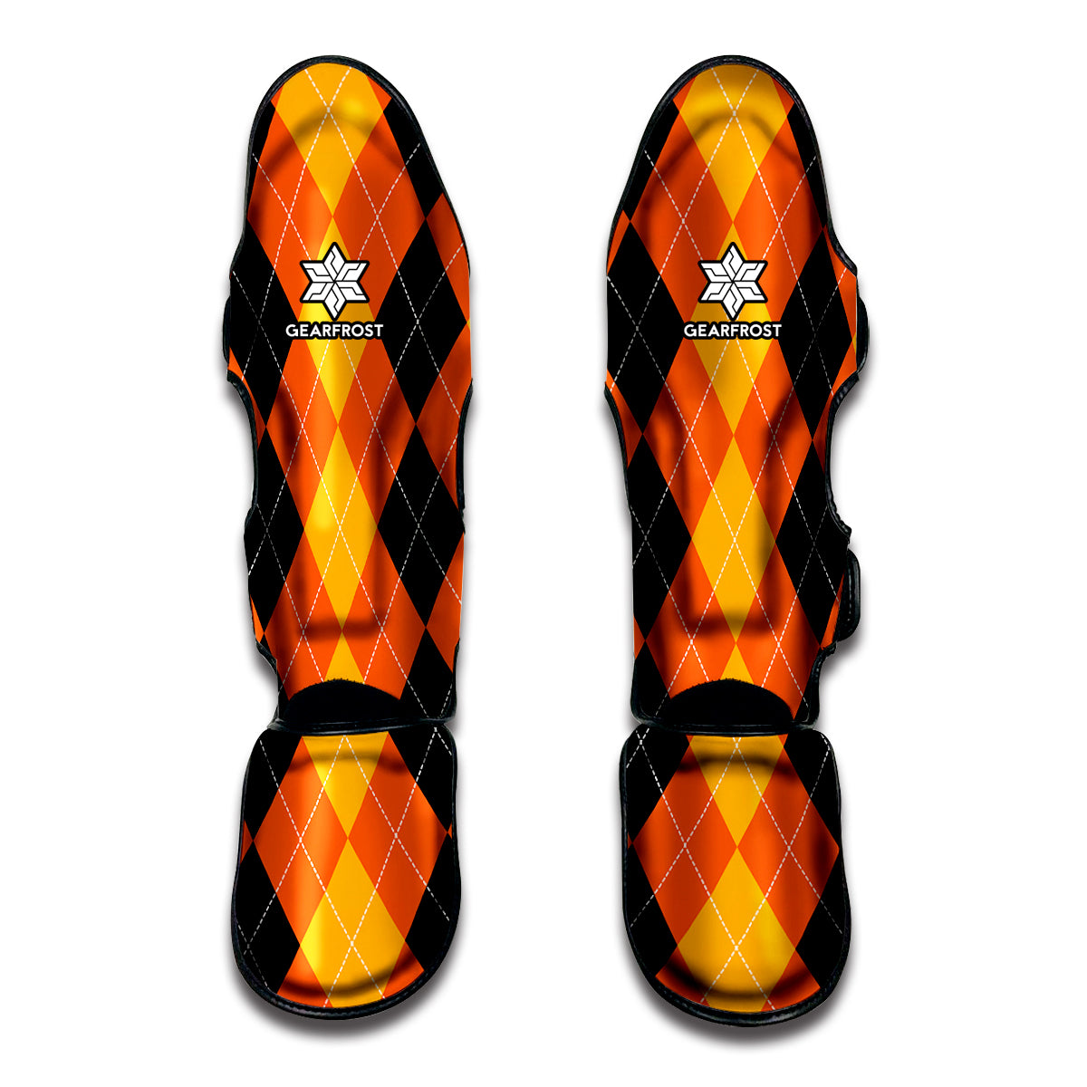 Orange And Black Argyle Pattern Print Muay Thai Shin Guards