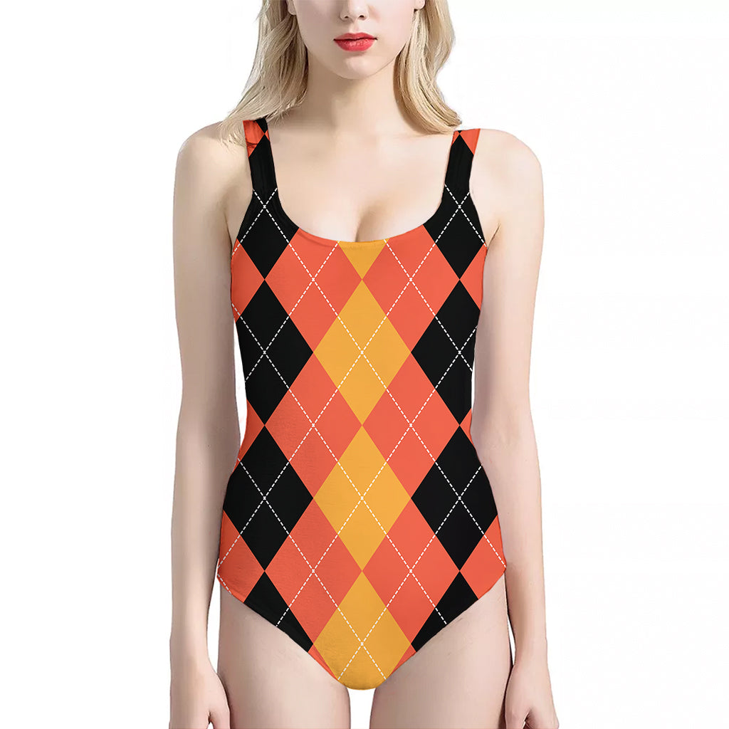 Orange And Black Argyle Pattern Print One Piece Halter Neck Swimsuit