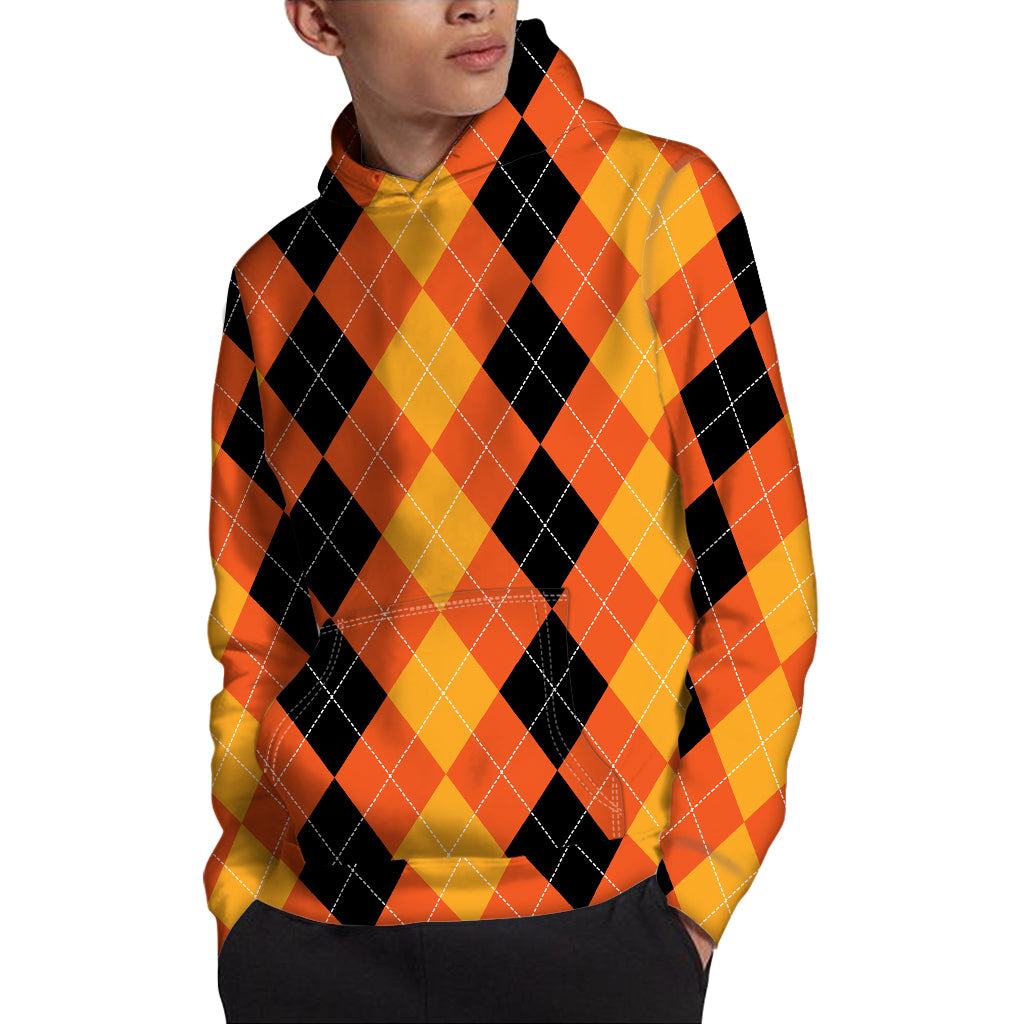 Orange And Black Argyle Pattern Print Pullover Hoodie