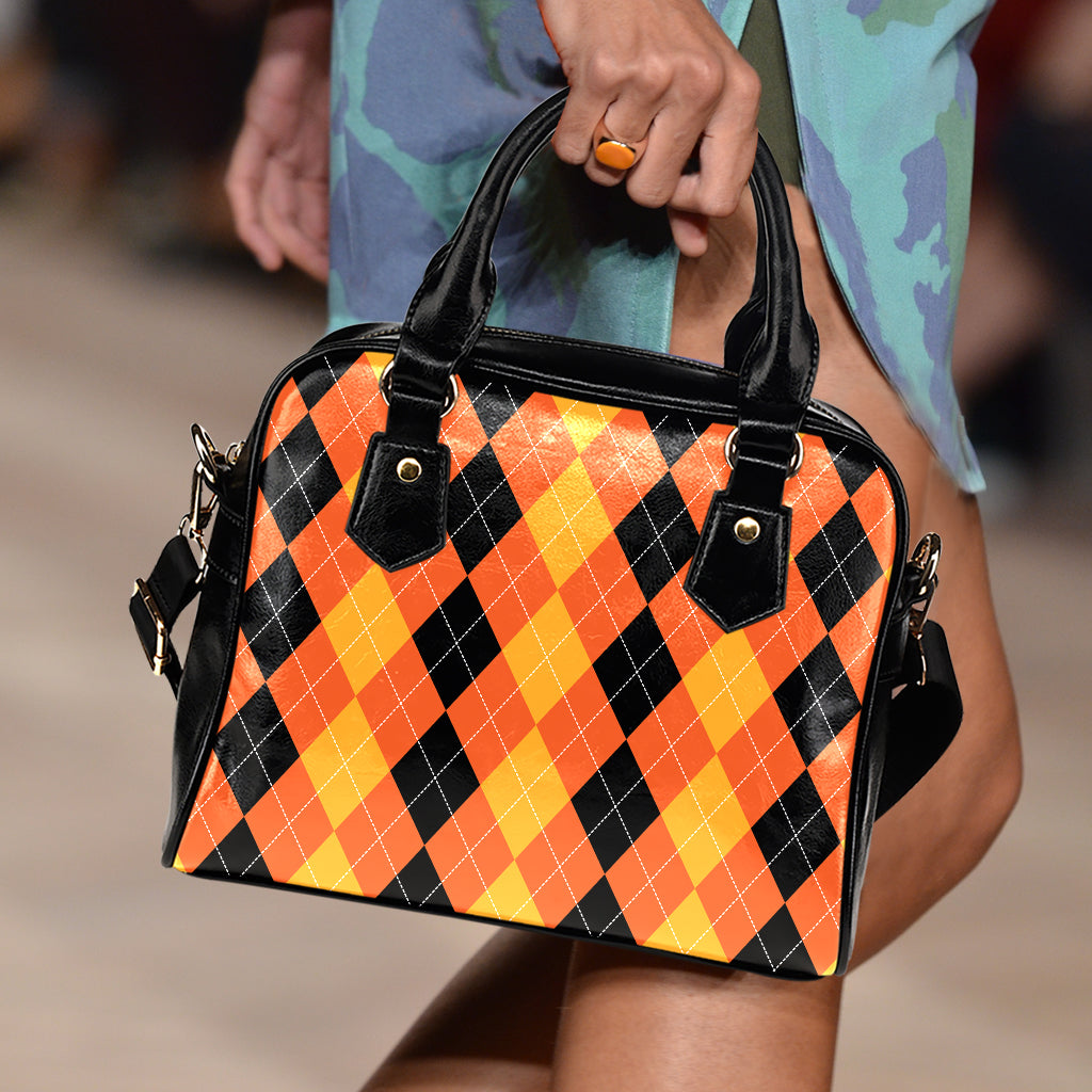 Orange And Black Argyle Pattern Print Shoulder Handbag