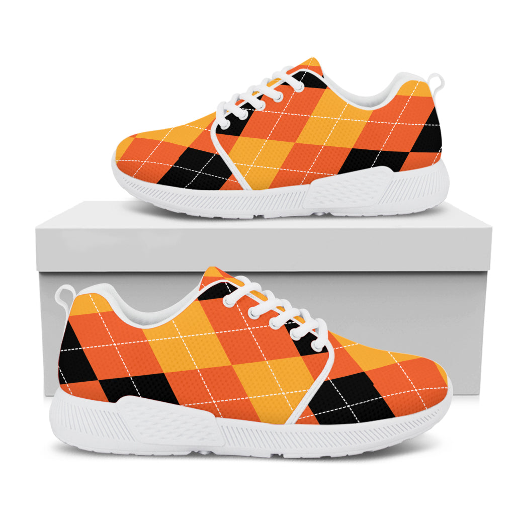 Orange And Black Argyle Pattern Print White Athletic Shoes