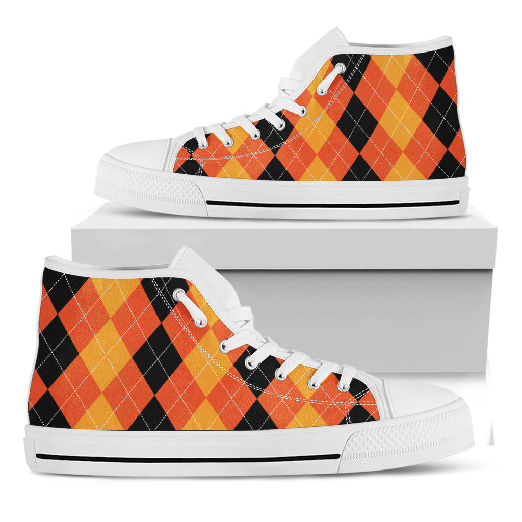 Orange And Black Argyle Pattern Print White High Top Shoes