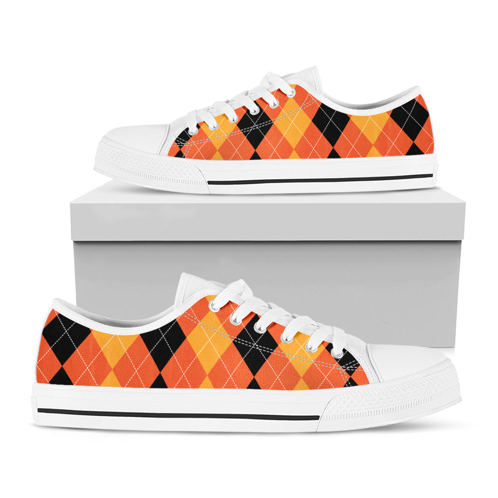 Orange And Black Argyle Pattern Print White Low Top Shoes