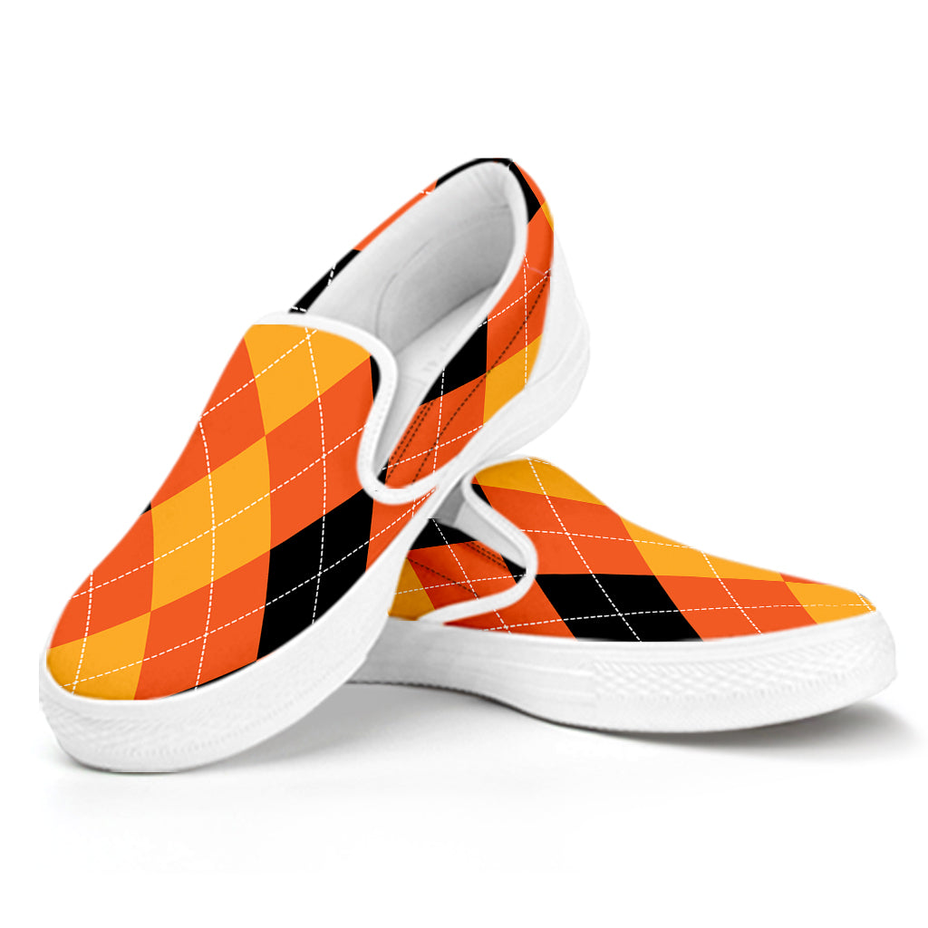 Orange And Black Argyle Pattern Print White Slip On Shoes