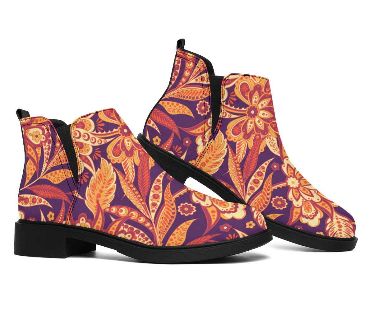 Orange Bohemian Floral Pattern Print Flat Ankle Boots