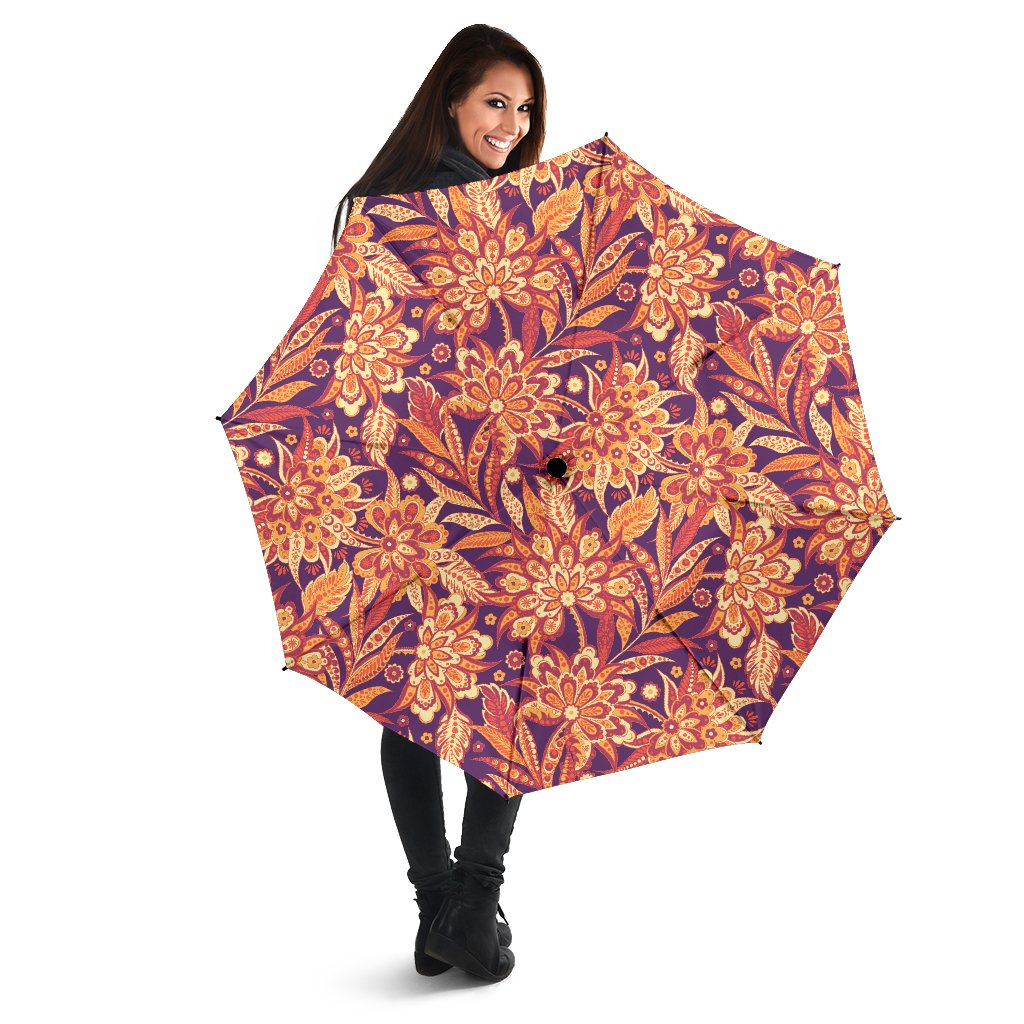 Orange Bohemian Floral Pattern Print Foldable Umbrella