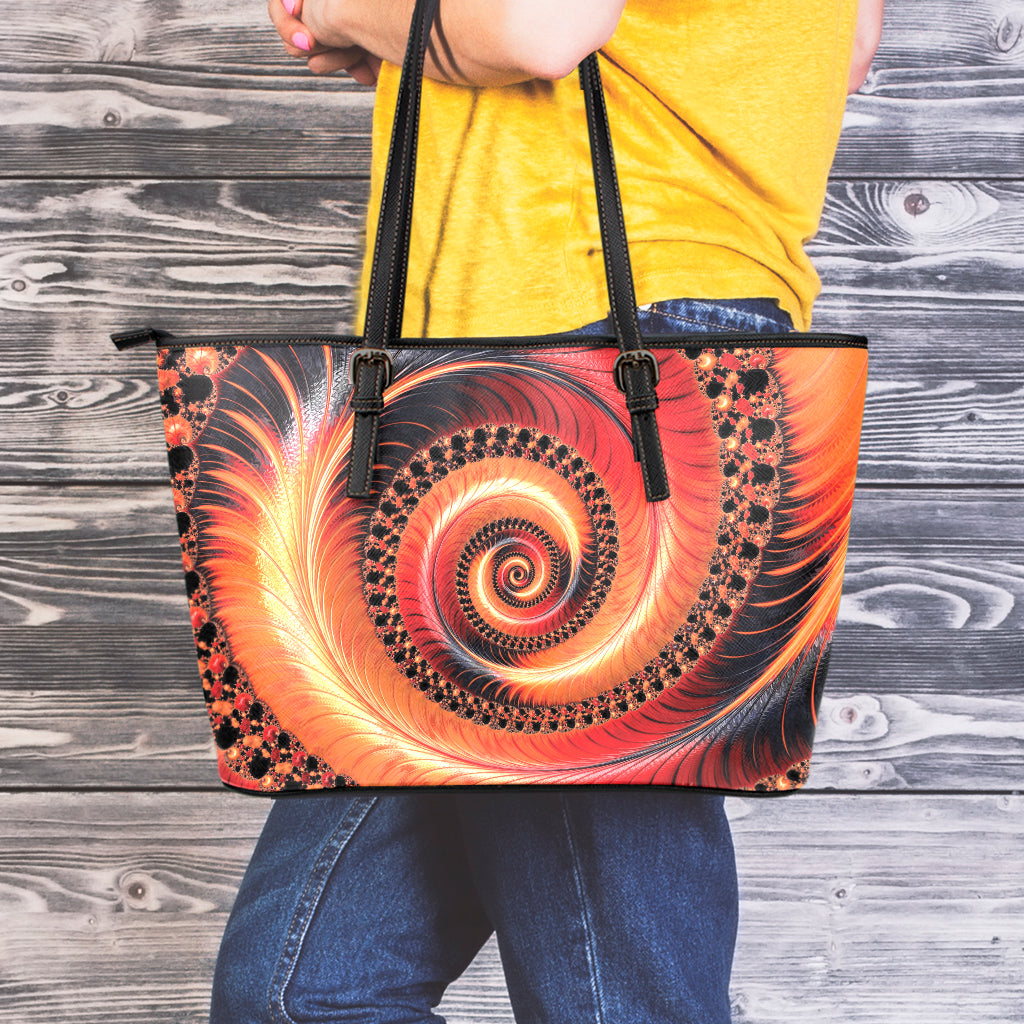 Orange Fractal Print Leather Tote Bag