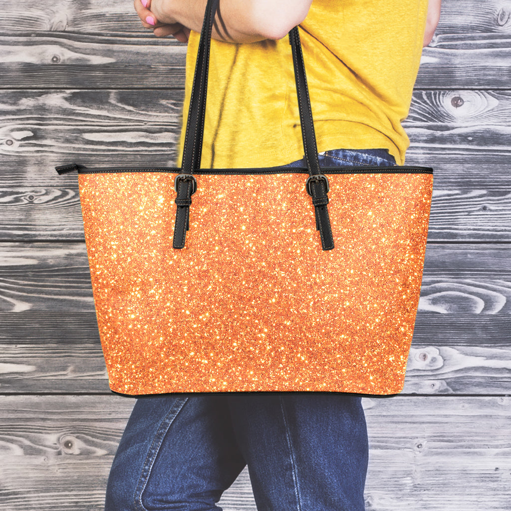 Orange Glitter Texture Print Leather Tote Bag